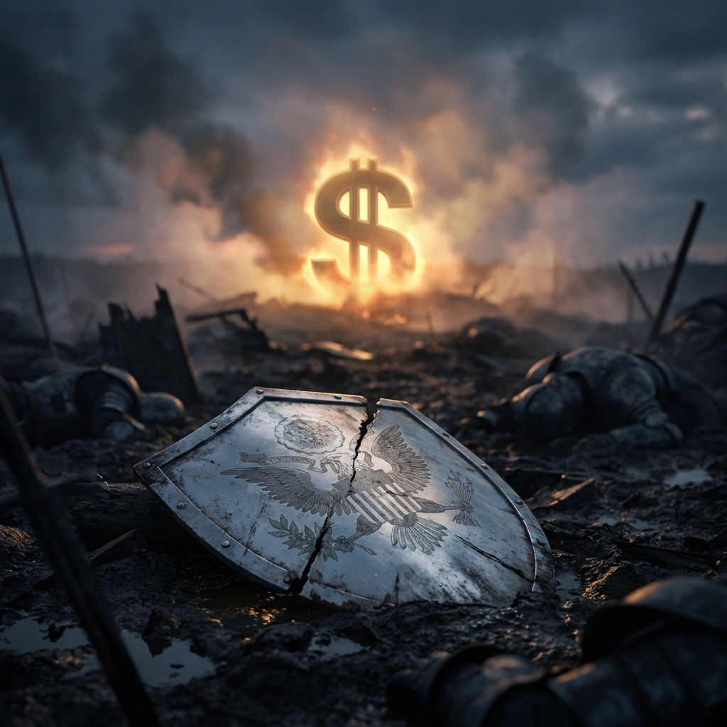A dramatic cinematic scene of a cracked silver shield on a dark battlefield, with a glowing US Dollar sign rising like a sun in the background.